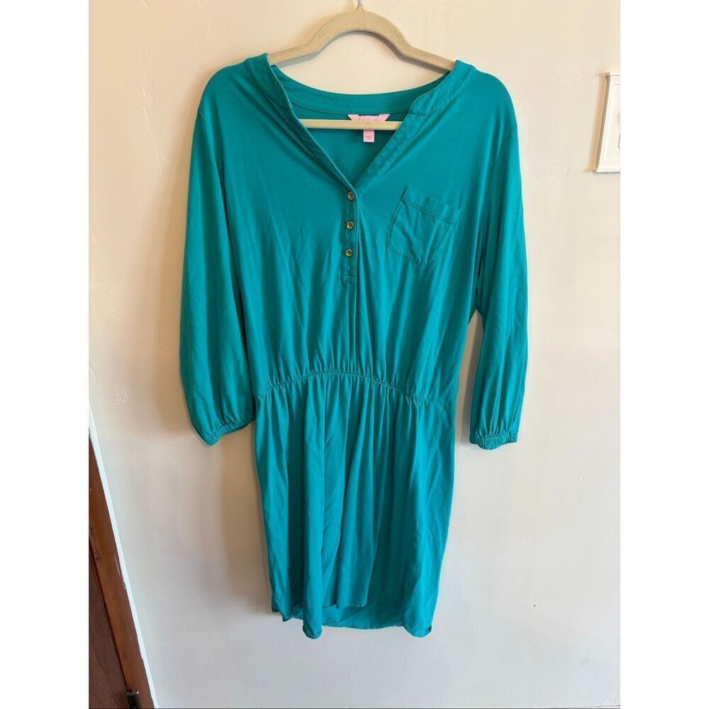 Lilly Pulitzer Beckett Shirtdress Size L Teal Jersey Knit Elastic Waist Pima Cot